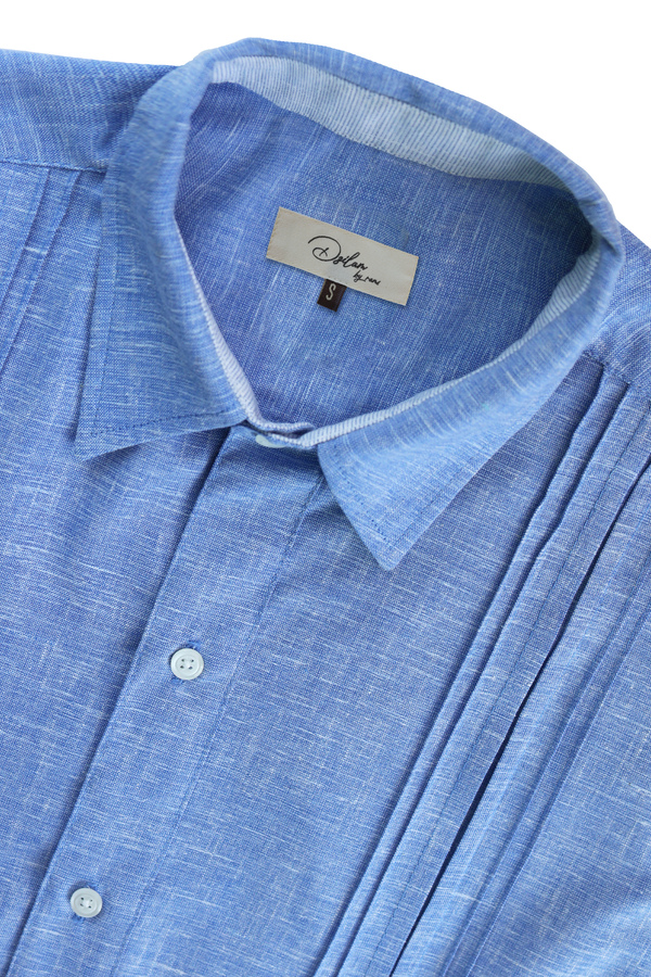 Guayamisa Manga Corta De Lino Azul Jaspe Con Alforza Para Hombre